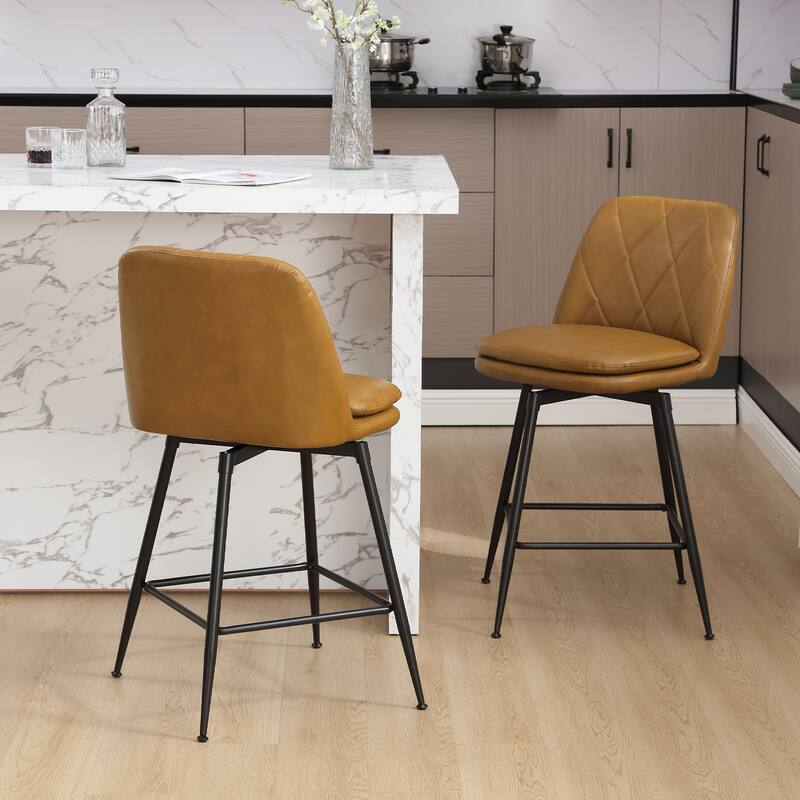 Faux Leather Upholstered Metal Frame Bar or Counter Height Swivel Bar Stools (Set of 2)
