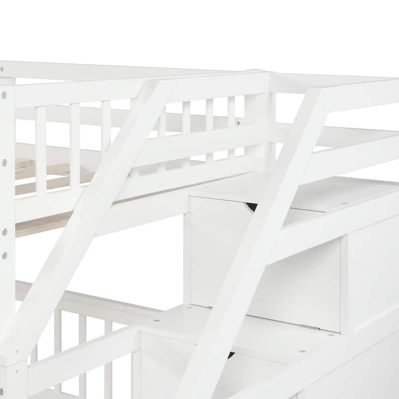 White Twin Over Full Loft Bed with Storage Staircase, Ideal for Kids' Rooms