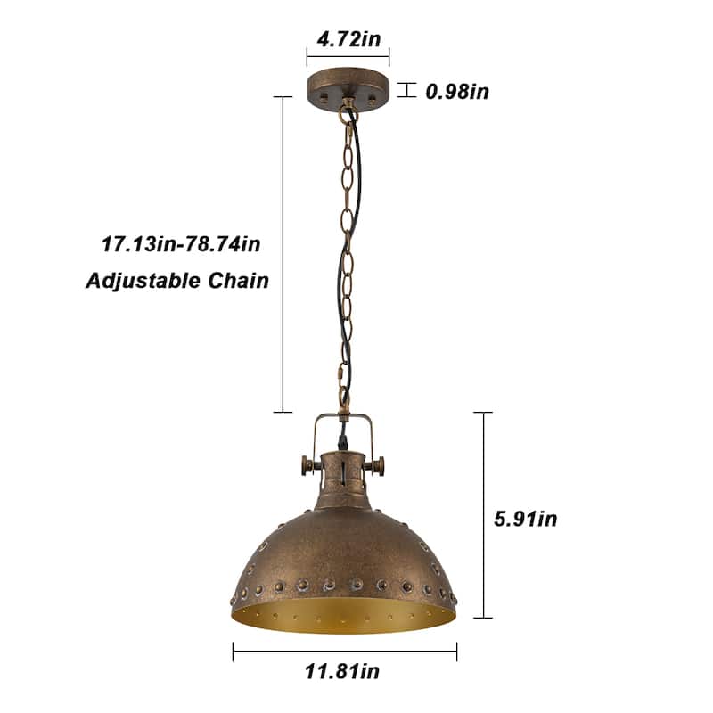 1-Light Antique Gold Chandelier 11.8in. Metal Dome Pendant Light - Antiqued Gold - 11.8''W
