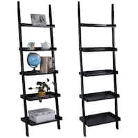 Costway Versatile Black 5-Tier Bookshelf Leaning Wall Shelf Ladder Bookcase Storage Display Furni