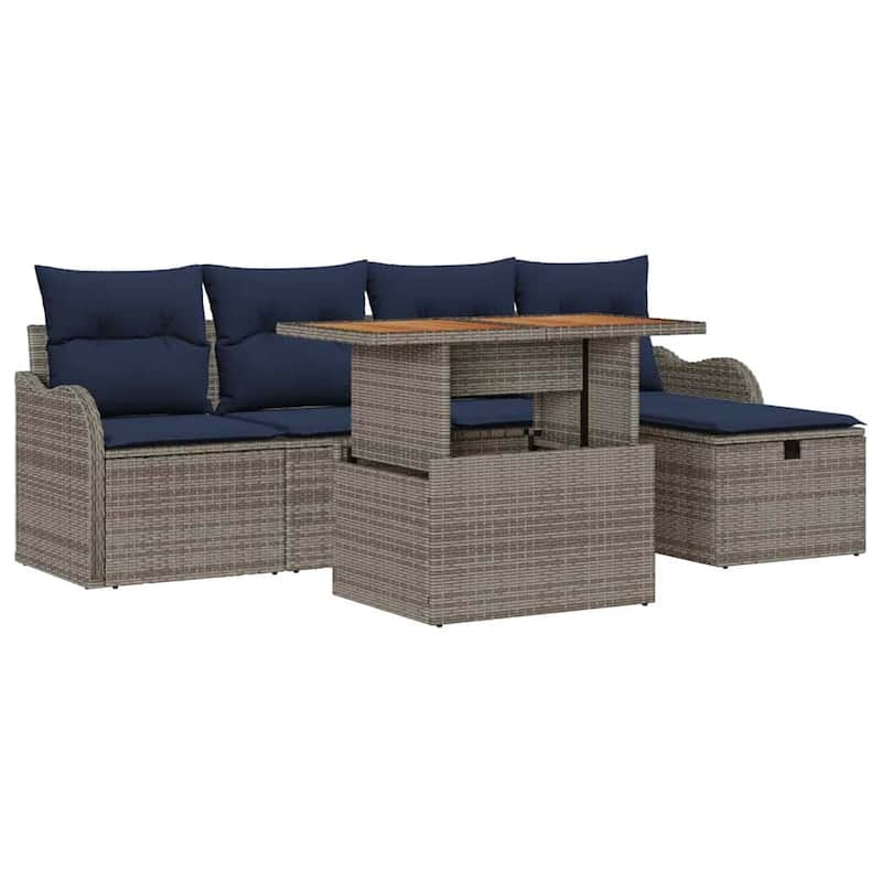 vidaXL 6 Garden Sofa Set with Cushions Black/Grey Poly Rattan - 90.9 x 46.1 x 27.2