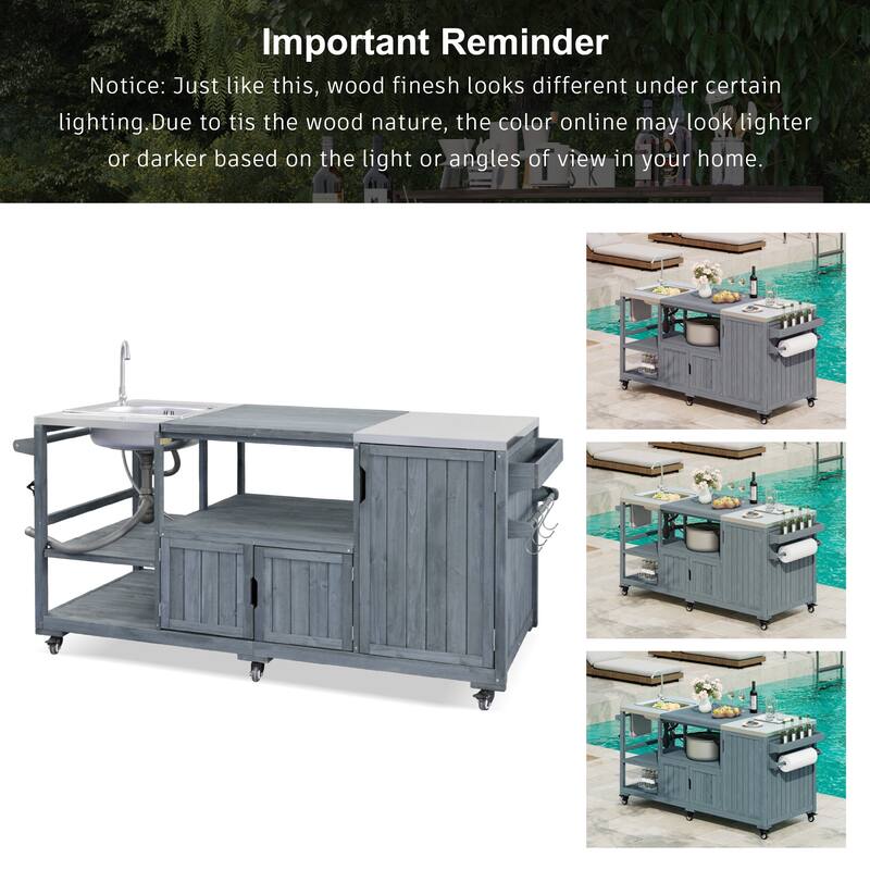 75.4" Rolling Outdoor Kitchen Island with Stainless Steel Top, Premium Solid Wood Grill Cart with Sink and Wheels for Outdoor