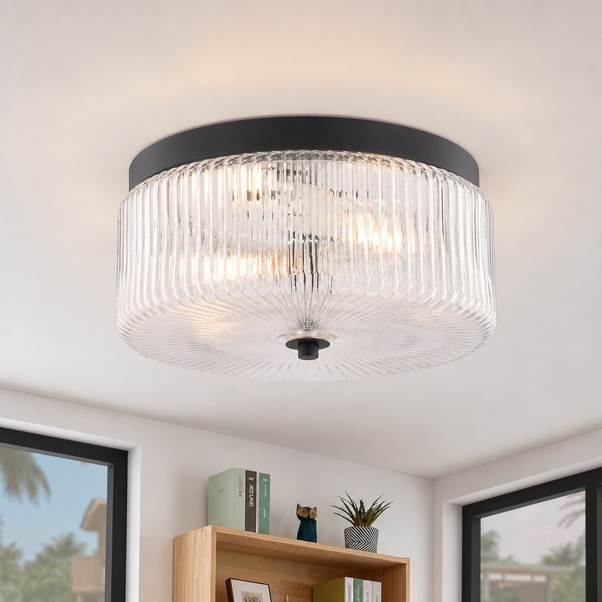 VAXCEL Riverside 2-Light Flush Mount Ceiling Light, Clear Ribbed Glass Drum, 11.75-in Wide, LED Compatible