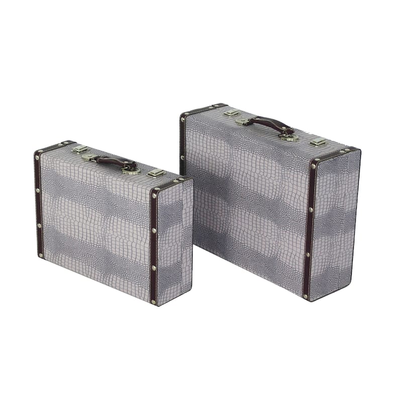 Trunk Style Suitcase with Textured Print Canvas Covering, Gray, Set of 2