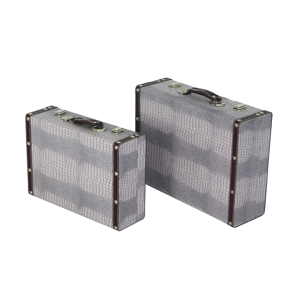 Trunk Style Suitcase with Textured Print Canvas Covering, Gray, Set of 2