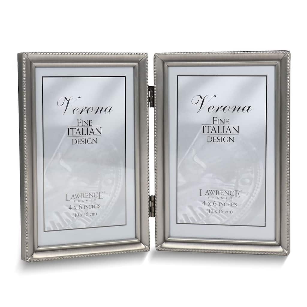 Curata Pewter Portrait Hinged Brushed and Beaded 4x6 Double Photo Frame
