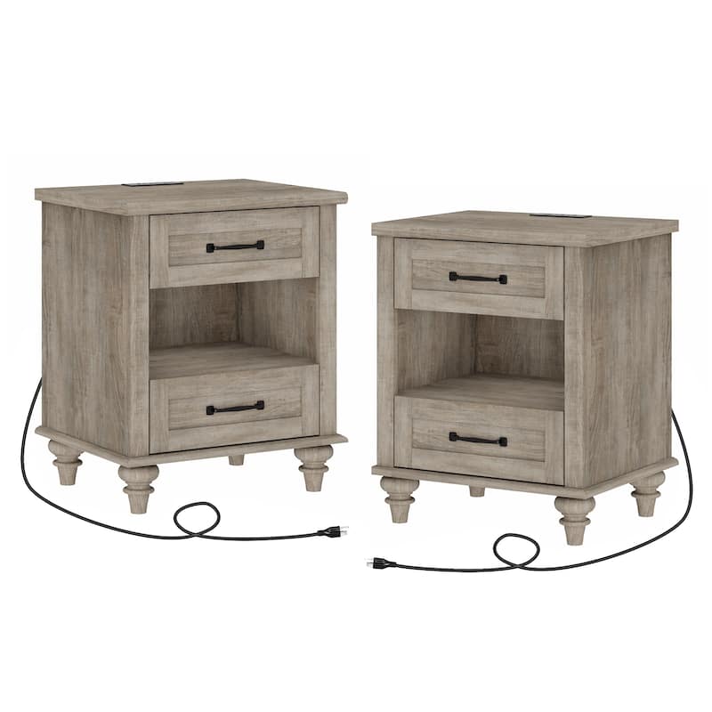 Farmhouse End Table Nightstands with Charging Station & Drawer - 2 Piece - with drawer & shelf - Grey