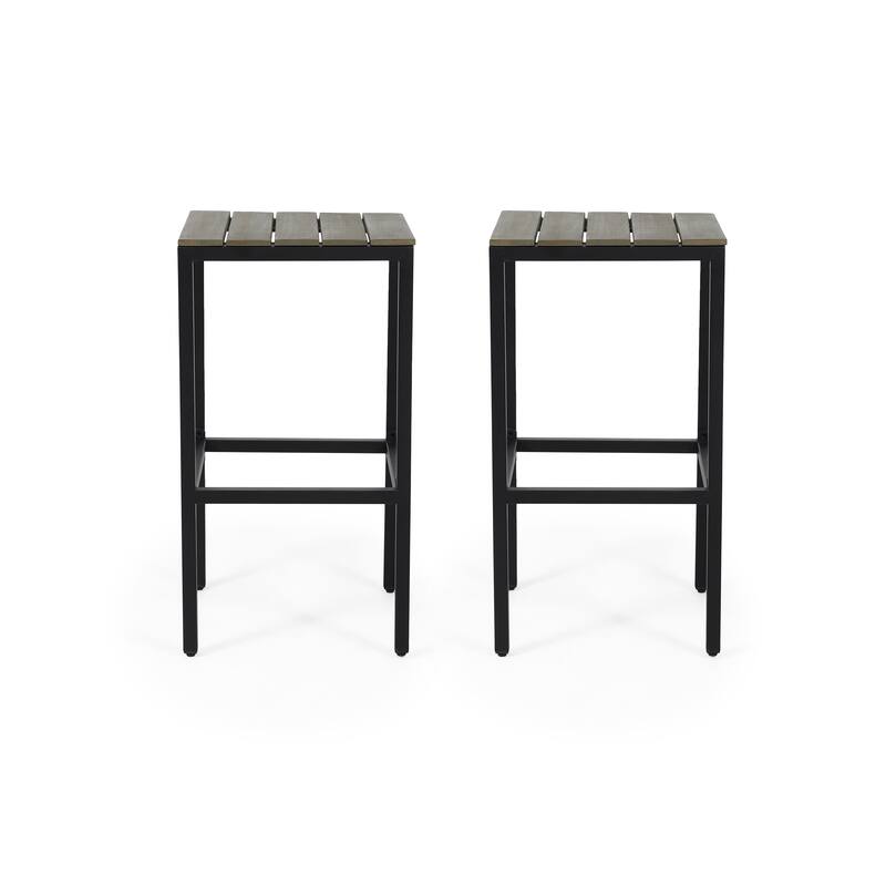 Roomfitters 2-Piece Outdoor Metal Bar Stools, Industrial Patio Backless Counter Height Chairs with Wood Slat Top, Black+Grey