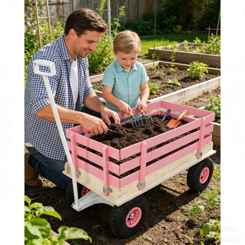 Pink Solid Wood Children's Trolley - Multi-Functional Cart for Outdoor Play, Garden & Picnic