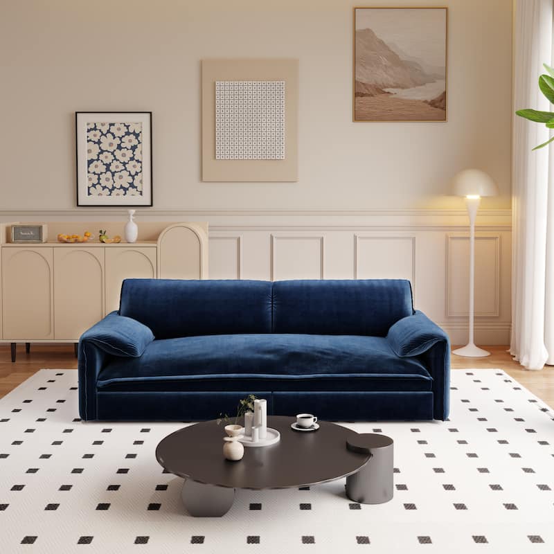 66" Queen Velvet Pull Out Sofa Bed w/ Side Storage Multi-Functional Loveseat Bed for Living Room Office - Blue
