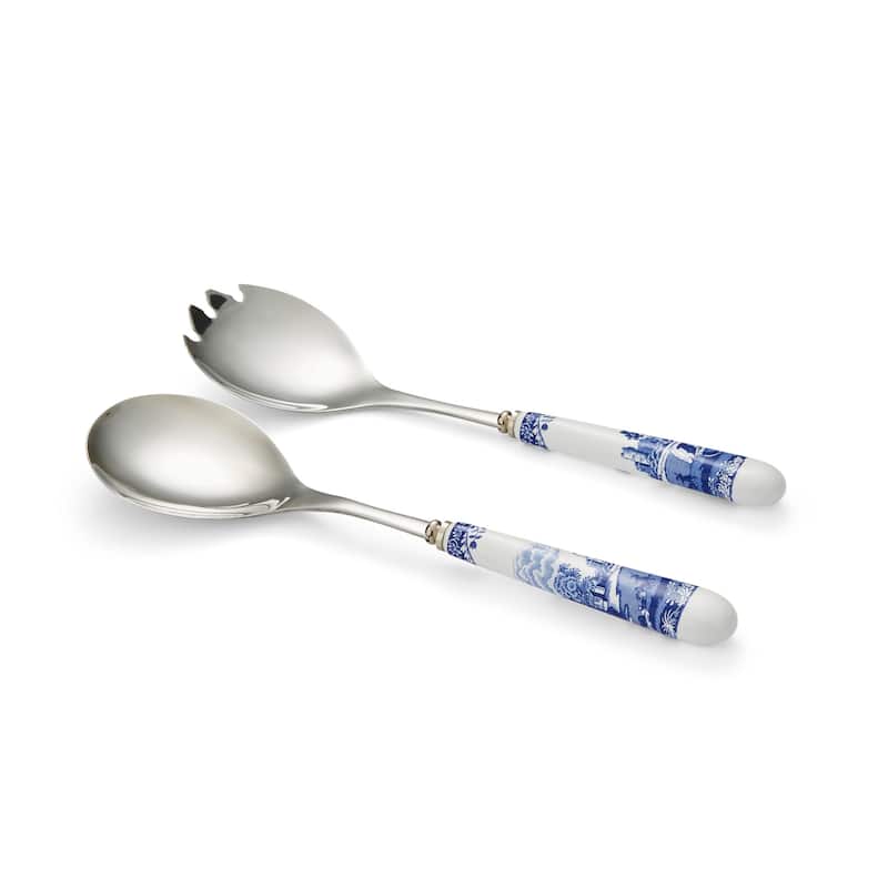 Spode Blue Italian Set of 2 Salad Servers - White Silver and Blue