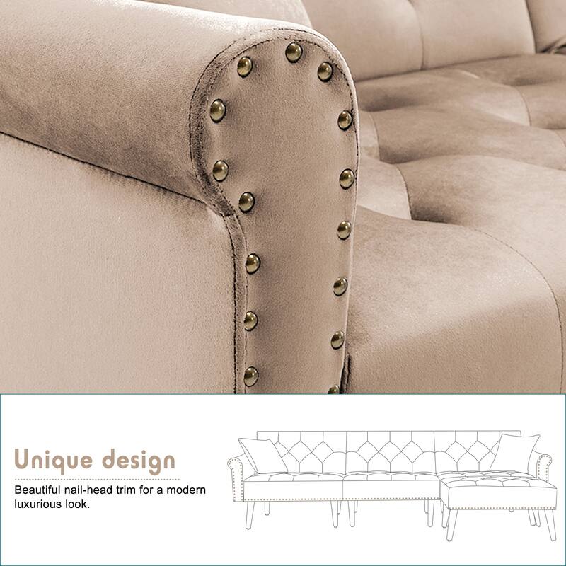 Convertible Velvet Sofa Couch, Sectional Sofa with Ottoman, Mid-Century Futon Sofa Bed - 32"D x 100.7"W x 29.9"H
