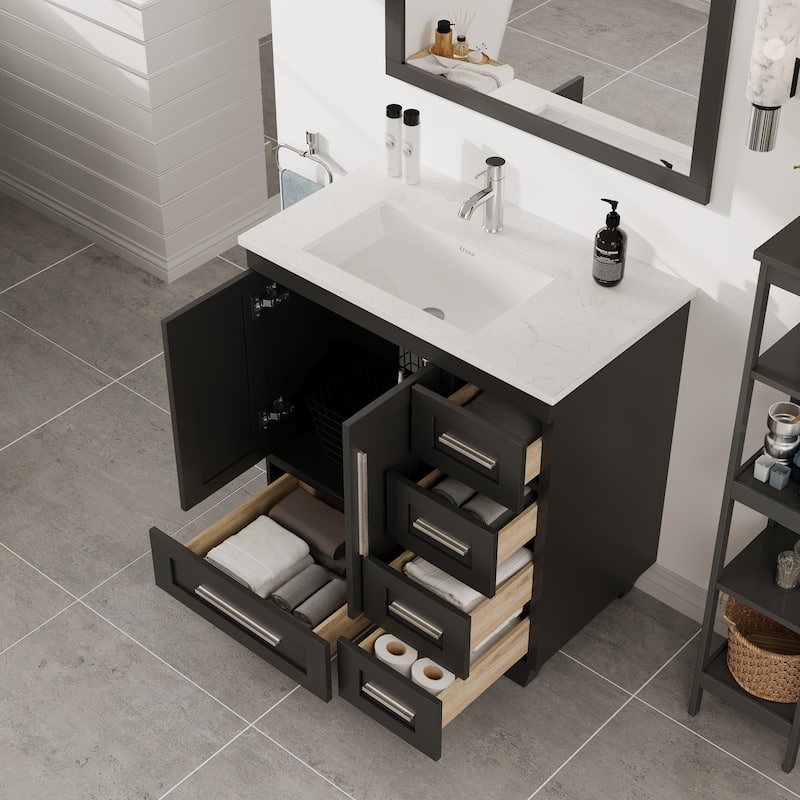 Eviva Loon 30"W x 22"D Espresso Bathroom Vanity with White Carrara Quartz Vanity Top and Rectangular Undermount Sink