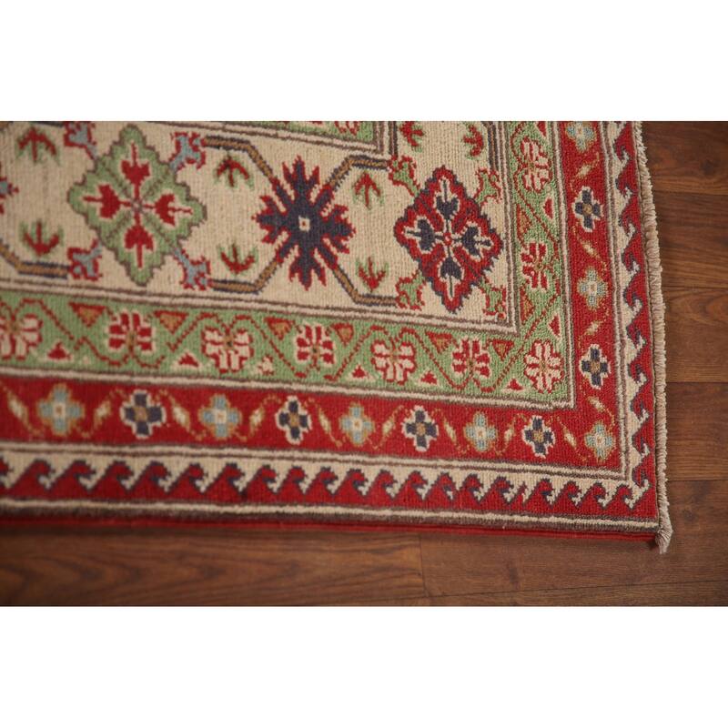 Beige Kazak Area Rug Hand-Knotted Geometric Wool Carpet - 6'6" x 9'2"