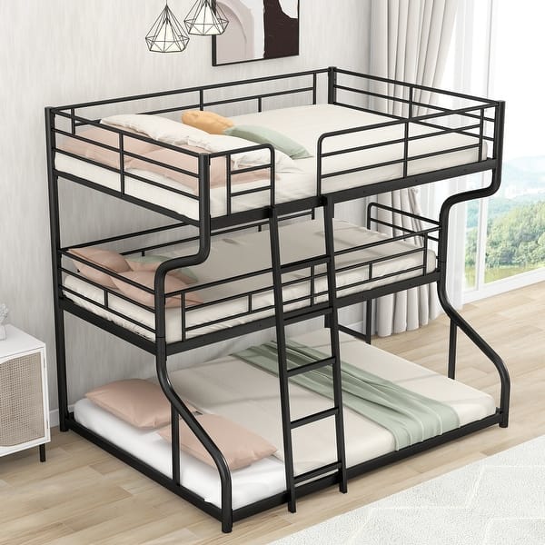 slide 2 of 10, Full XL Over Twin XL Over Queen Triple Bunk Bed w/Long & Short Ladder Black - Queen