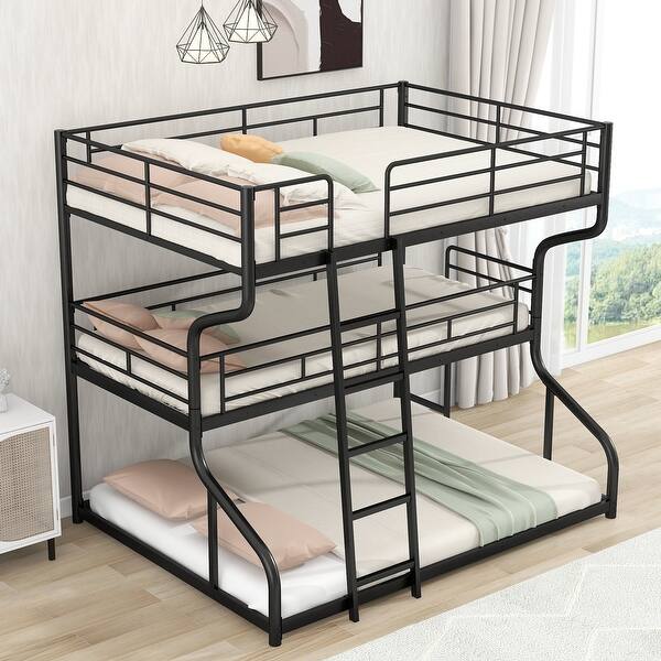 slide 2 of 25, Full XL/Twin XL/Queen Triple Bunk Bed with Guardrail & Metal Frame, Black Black