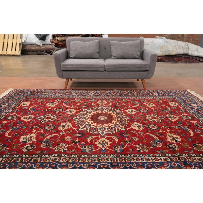 Hand Knotted Oriental 100% Wool Carpet Traditional Floral Red Isfahan Area Rug - 9' 9'' X 7' 6''