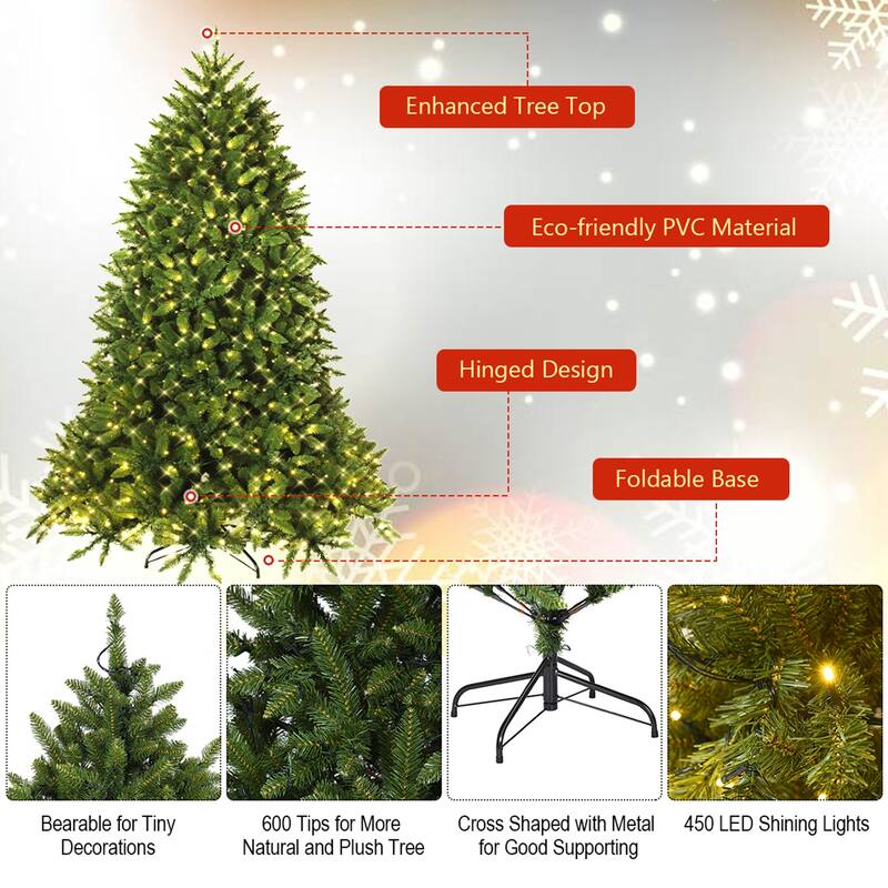 Gymax 5Ft Pre-lit Christmas Tree Hinged Fir Tree w/ 8 Flash Modes LED - See Details
