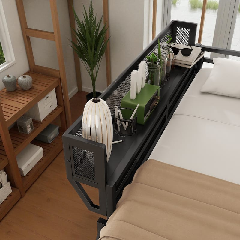 Full/Queen Size Metal Loft Bed with Storage Shelves, Guardrails, and Ladder, Space-Saving High Loft Bed for Kids and Teens