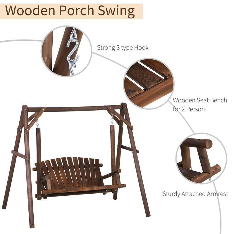 Outsunny 6.5' Outdoor Rustic Loveseat 2 Person Freestanding Solid Wood Natural Log Garden Swing