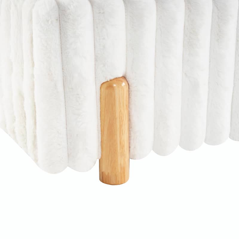 Sleek White Bouclé Upholstered Bed with Wavy Headboard & Vertical Stitching
