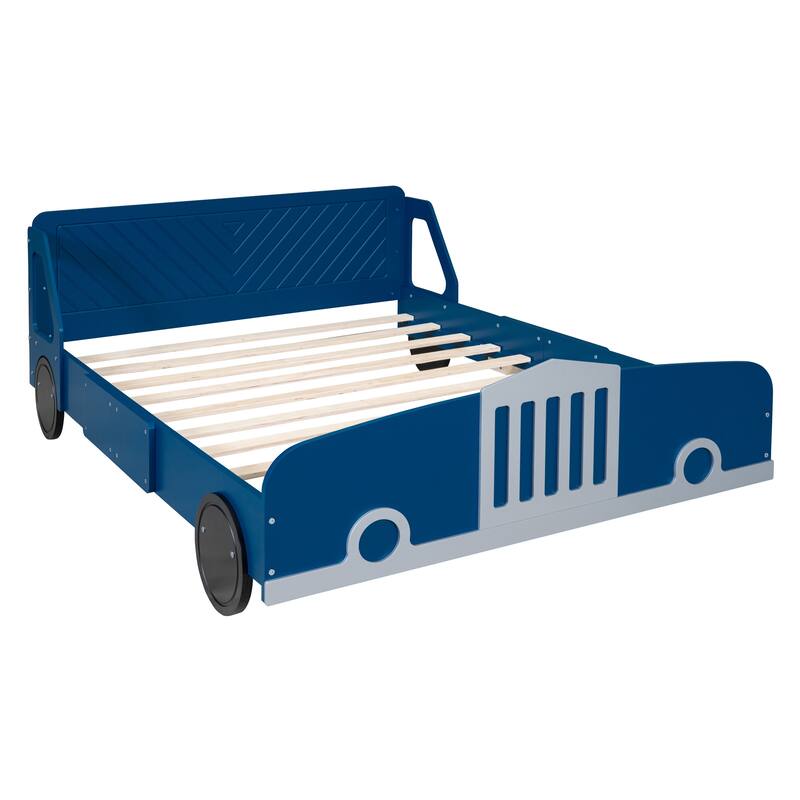 Full Wooden Car-Shaped Platform Bed with Wheel Support