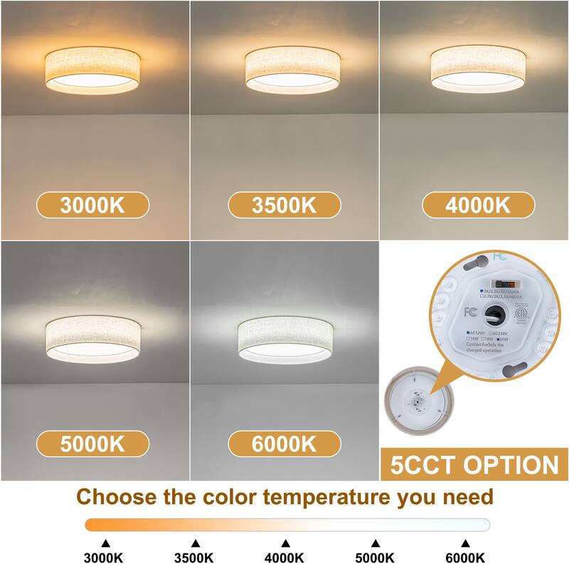 Starsky Modern Linen Drum Flush Mount Ceiling Light with 5-CCT Selectable LED (3000-6000K)