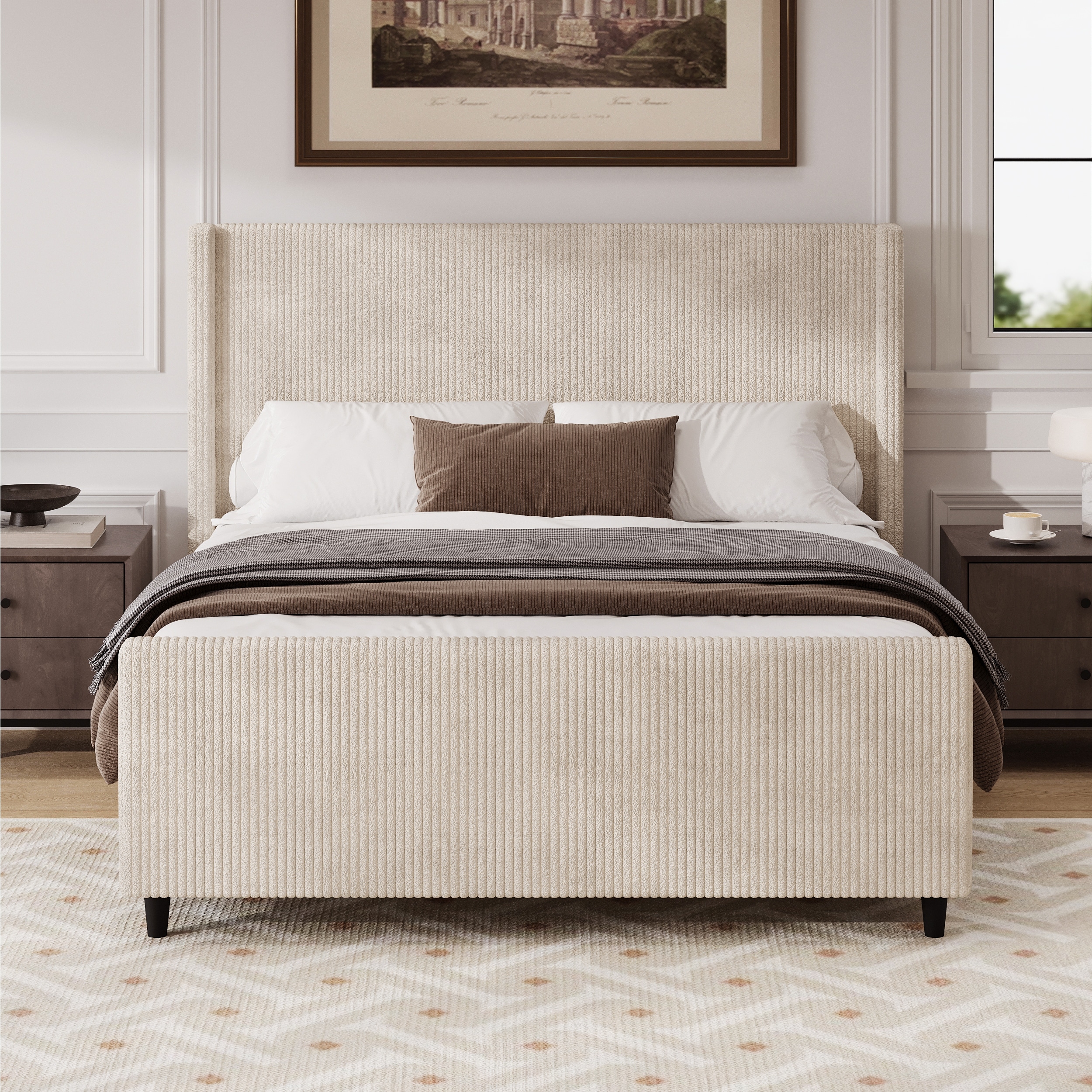 Cream Queen Size Corduroy Upholstered Platform Bed with Vertical Stripe Wingback and High Footboard