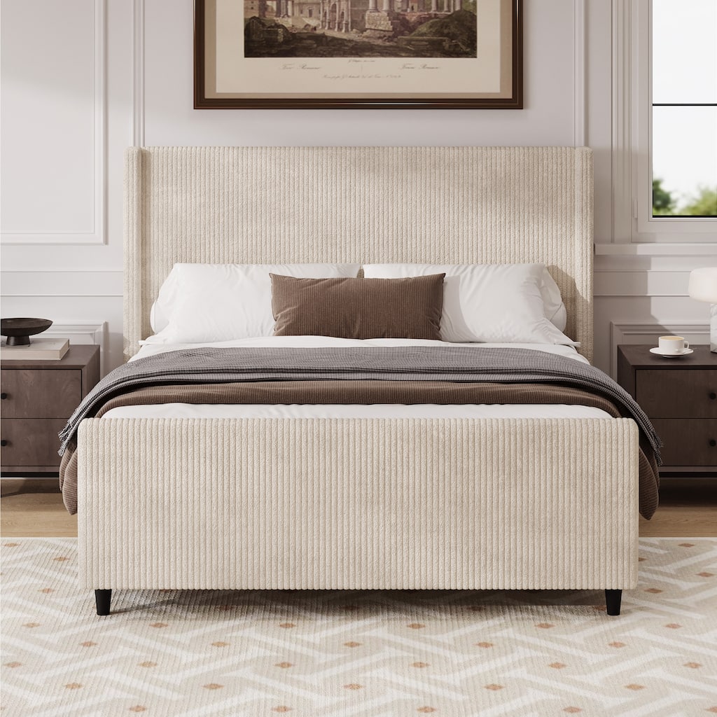 Cream Queen Size Corduroy Upholstered Platform Bed with Vertical Stripe Wingback and High Footboard