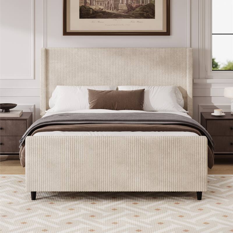 Queen Size Corduroy Bed with Wingback and High Footboard - Cream - Queen