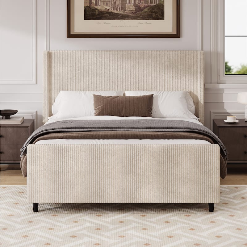 Queen Size Corduroy Upholstered Platform Bed with Vertical Stripe Wingback and High Footboard - Cream - Queen