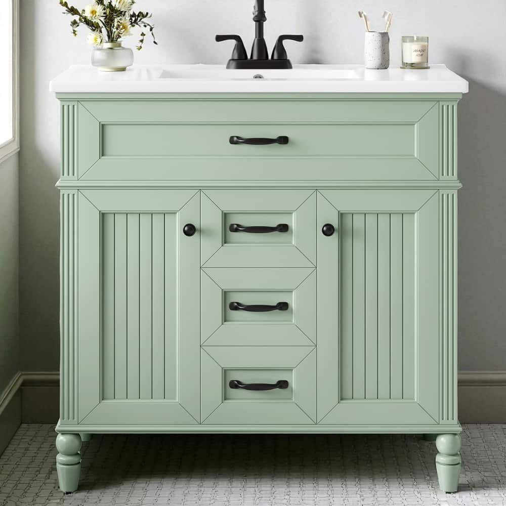 Modern 36 Inch Bathroom Vanity with Ceramic Sink, Solid Wood Frame, Golden Handles, Flip-Out Top Drawer & Storage Cabinet