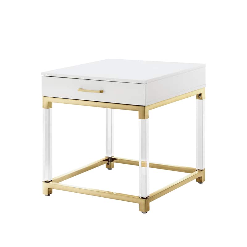 HomeRoots 24" White and Gold Wood Acrylic and Stainless Steel Square End Table With Drawer - 24' X '24' X '24
