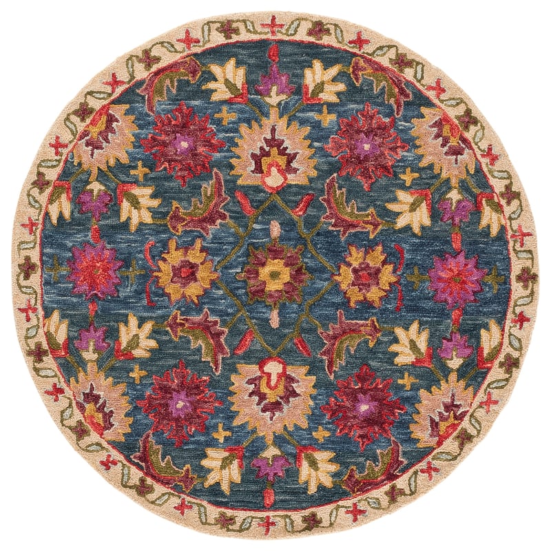 SAFAVIEH Handmade Aspen Miloranka Boho Floral Wool Rug - 5' Round - Navy/Red