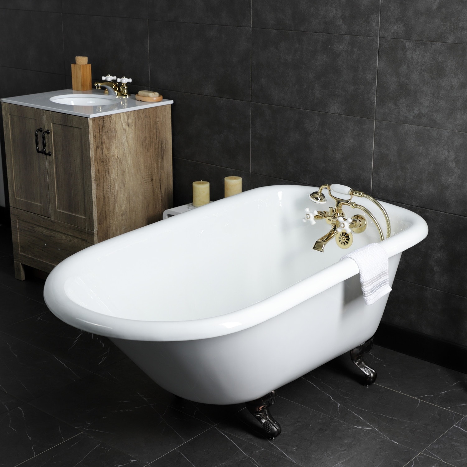Vintage Wall Mount Bathtub Faucet – Double-Handle Brass Clawfoot Tub Faucet With Handheld Shower Sprayer, Ceramic Valve, 6-Inch Centers, Black Finish