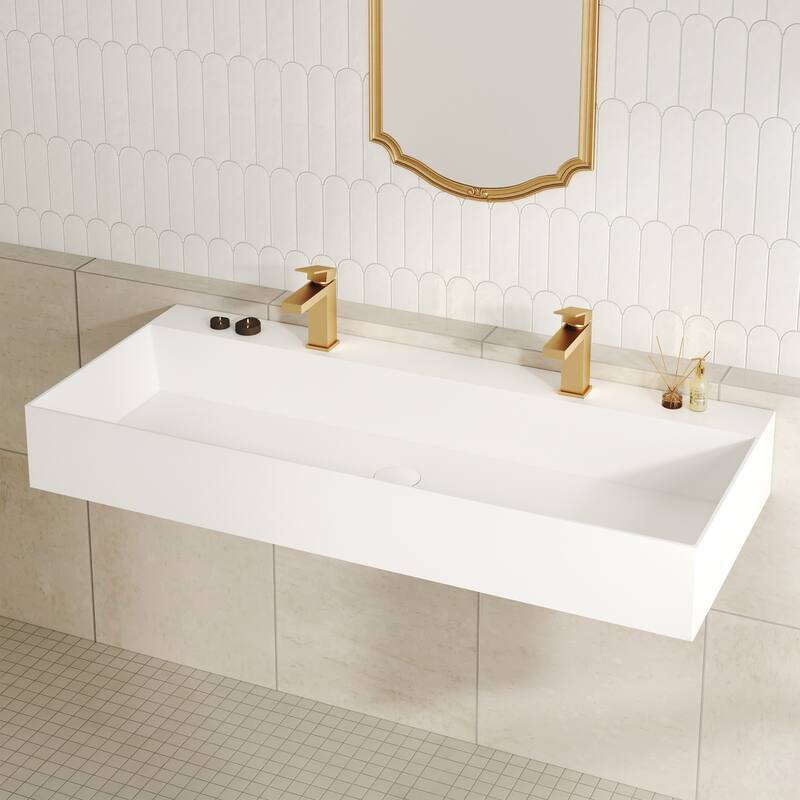 Solid Surface Wall-Mounted Rectangular Bathroom Sink with Pop-Up Drain, Modern Floating Wash Basin with Center Drain