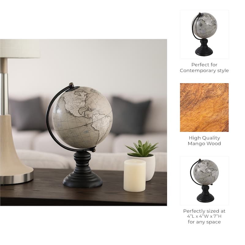 Wood Globe Classic Desk on Stand World Map Design - 7" Green/Black - 7.0"