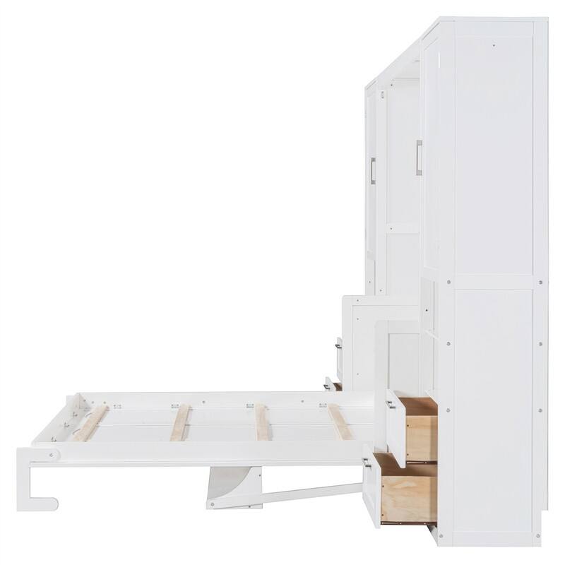 Queen Size Murphy Bed Wall Bed with 2 Wardrobes and 4 Storage Drawers, Foldable Murphy Cabinet Bed w/Open Storage Shelves& Stool