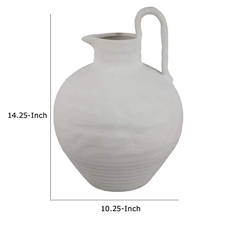 Siela Jug Style Vase with Extended Loop, Ribbed Details, White Ceramic