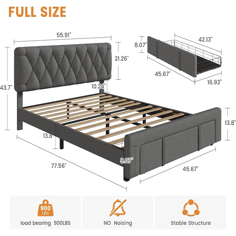 Upholstered Platform Bed Frame with Storage Drawers, Solid Wood Slats, No Box Spring Needed
