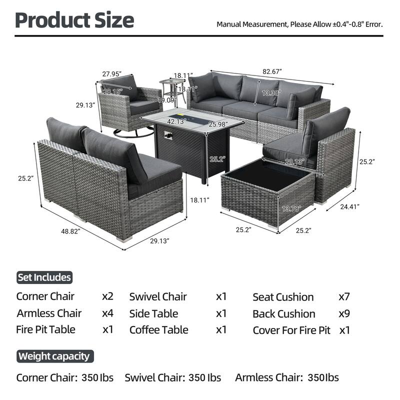 HOOOWOOO 10-piece Wicker Patio Furniture Sectional Sofa Set Swivel Rocker with Fire Pit Table