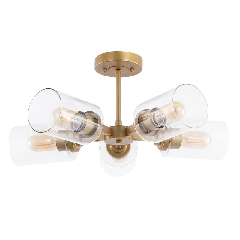Jaynie 21.5" 5-Light Farmhouse Industrial Iron Cylinder LED Semi Flush Mount, Brass Gold/Clear by JONATHAN Y