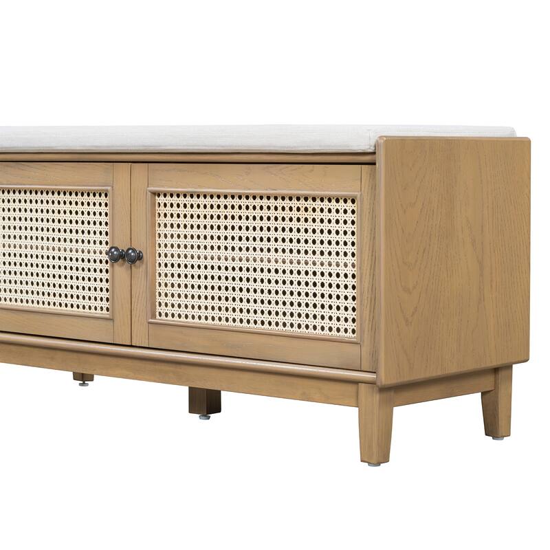 Rattan Entryway Bench with Storage, Cushioned Shoe Bench with Double Doors, Wooden Shoe Organizer Bench for Entryway