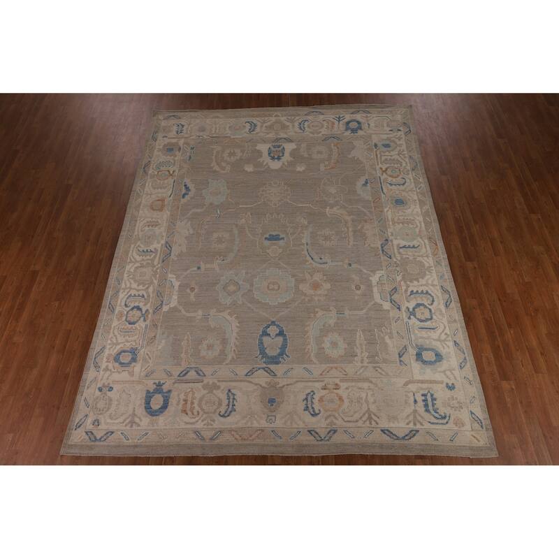 Transitional Oushak Turkish Rug Handmade Beige Oriental Wool Carpet - 9'1"x 11'9"