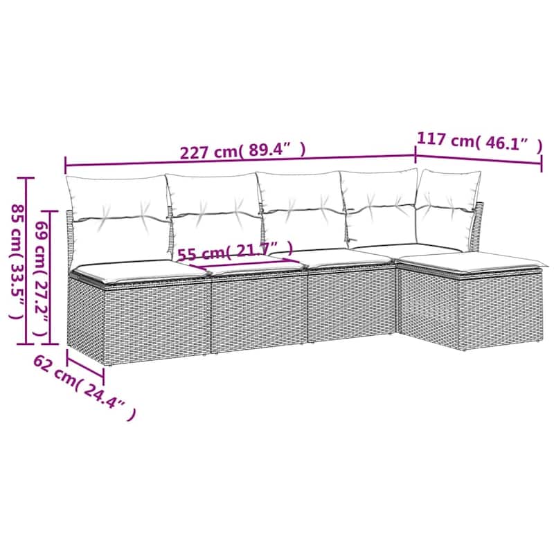 vidaXL 5 Piece Patio Sofa Set with Cushions Black Poly Rattan