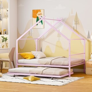 Twin Size Metal House Bed with Twin Size Trundle and Sturdy and Durable,Easy Assembly