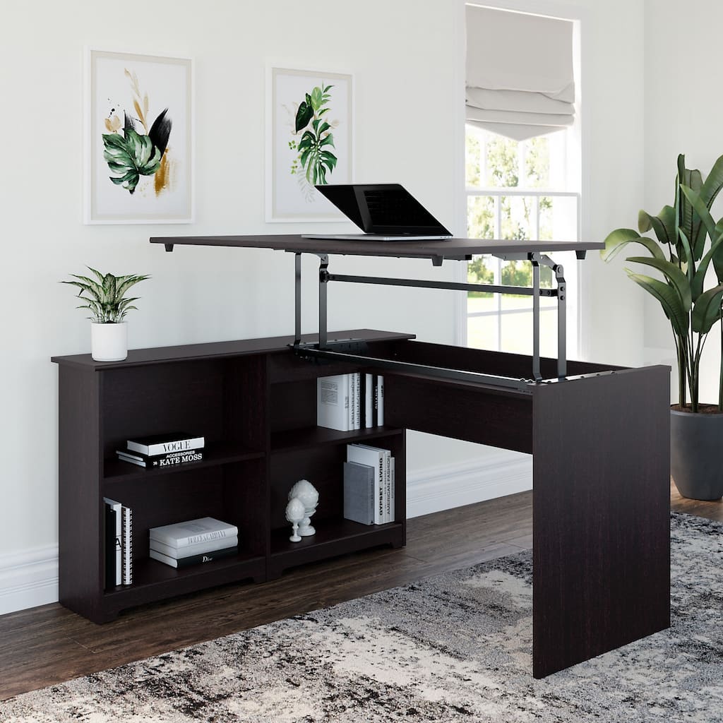 52W 3-position Sit to Stand Corner Bookshelf Desk