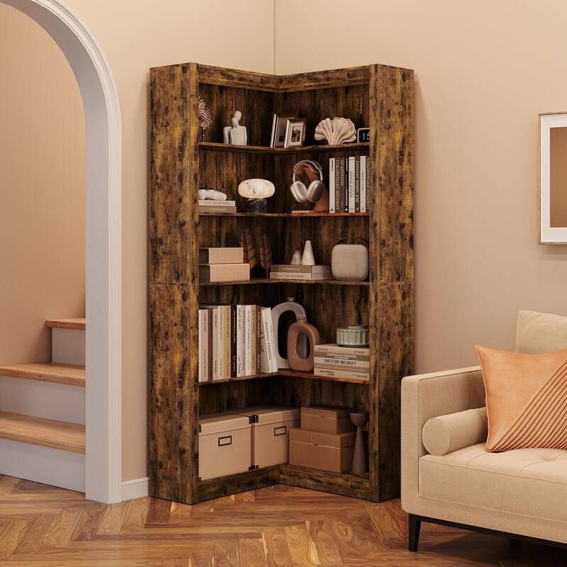 71.8" Tall Corner Bookshelf, 5-Tier L-Shaped Corner Bookcase, Modern Industrial Wood Display Storage Shelves for Living Room