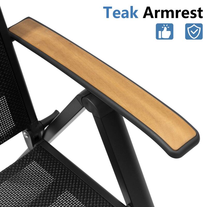 7-Piece Outdoor Patio Dining Set Wood Like Table Top Aluminum Rectangular Umbrella Hole Table with Folding Armrest Chairs