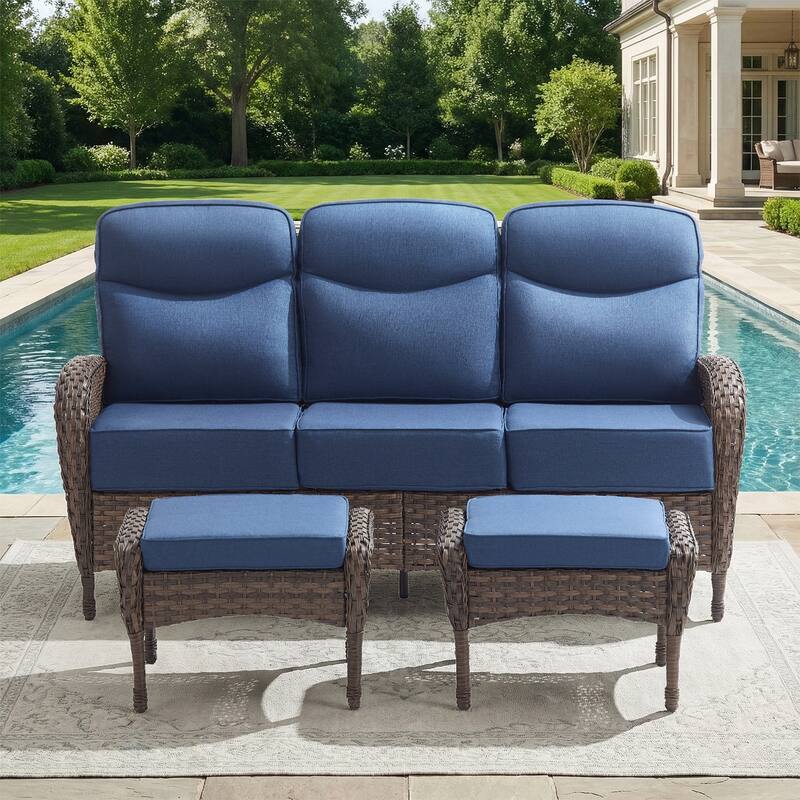 Pocassy Outdoor Wicker Patio Sofa with Ottomans - Brown Wicker Blue Cushion - 3-Piece Sofa with Ottoman